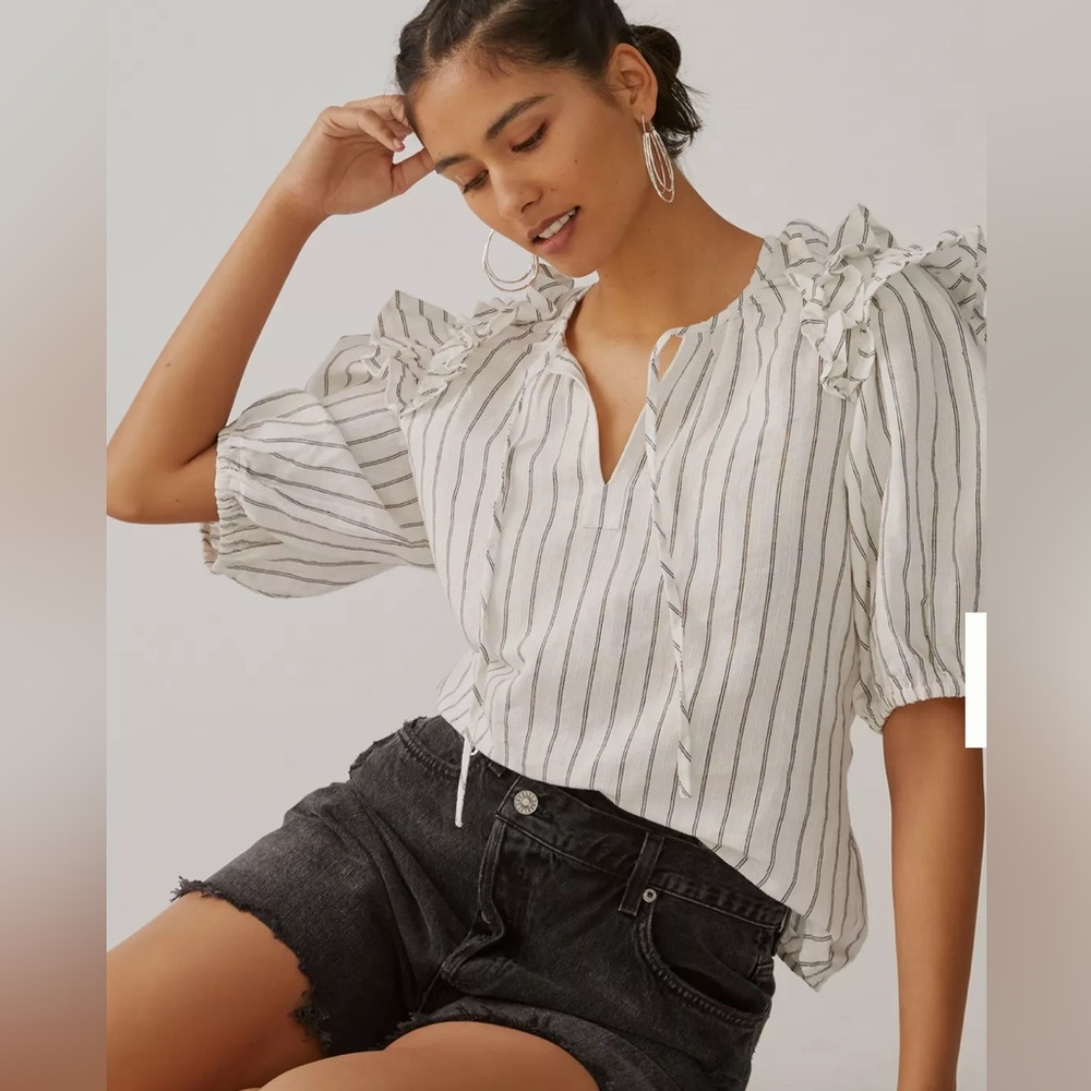 Anthropologie Elegant Striped Blouse with Ruffle Sleeves